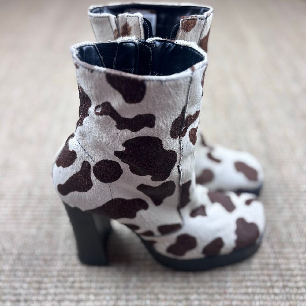 🐄 Calf Hair Cow Print Platform Ankle Boots | Size 8.5 | Brown & White - Picture 3 of 10